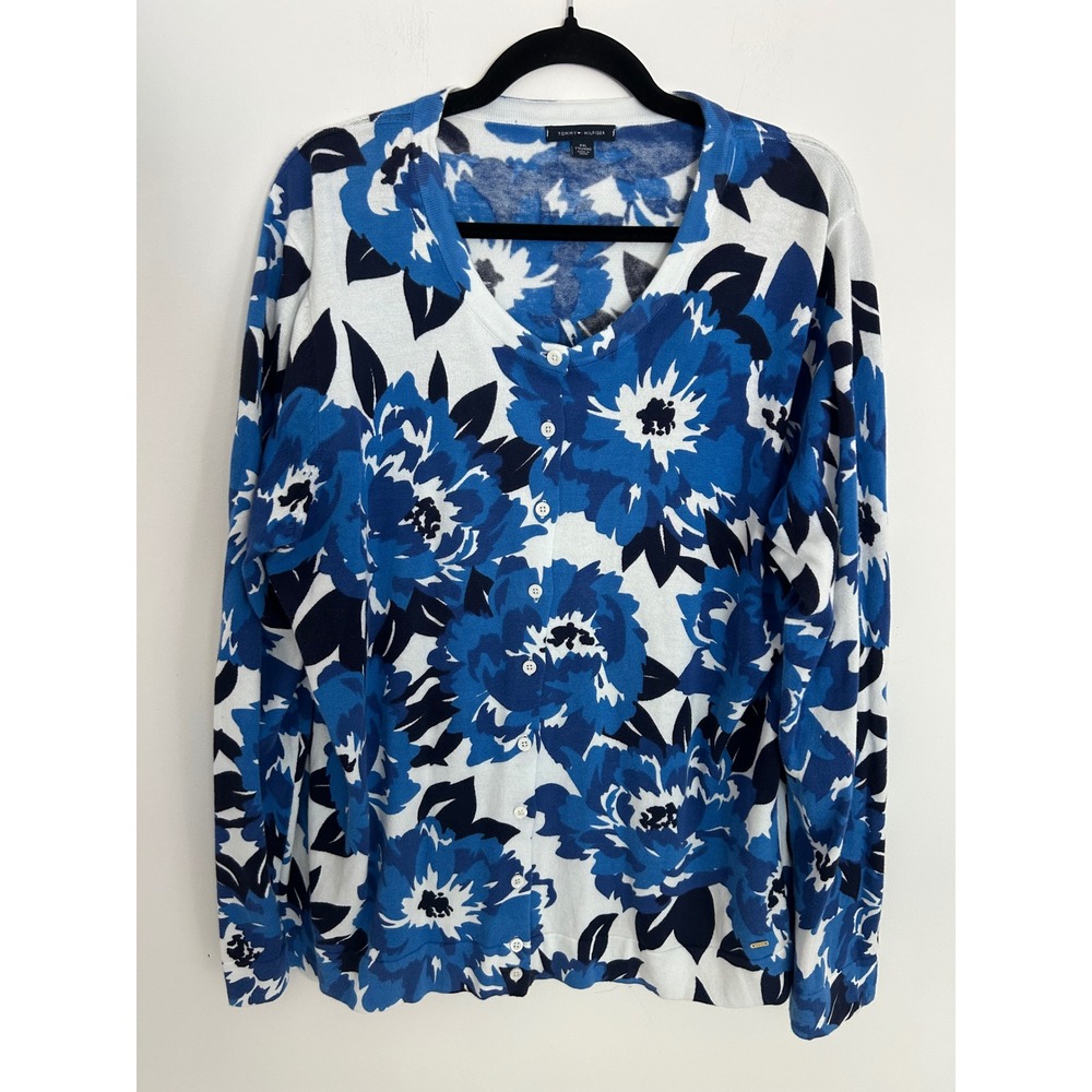 Tommy Hilfiger Blue Floral Cotton Button Front Cardigan Sweater Womens XXL